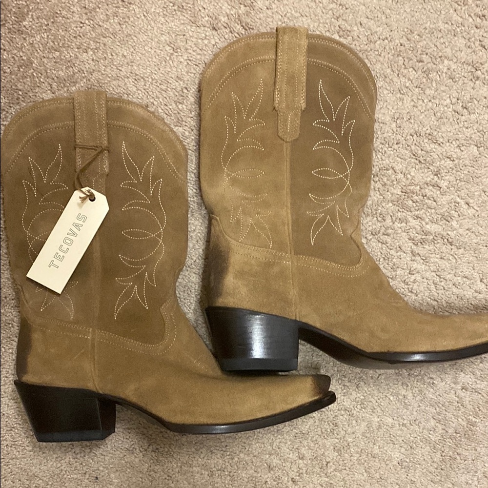 Tecovas Sadie Suede Tan Heeled Boots Classic Western Style
